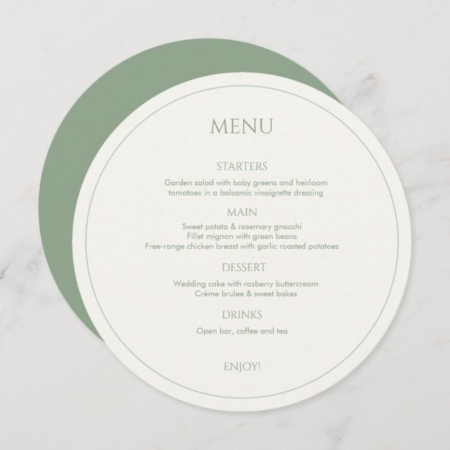 Sage Green & ivoire Monogramme Menu Mariage Rond (Devant / Derrière)