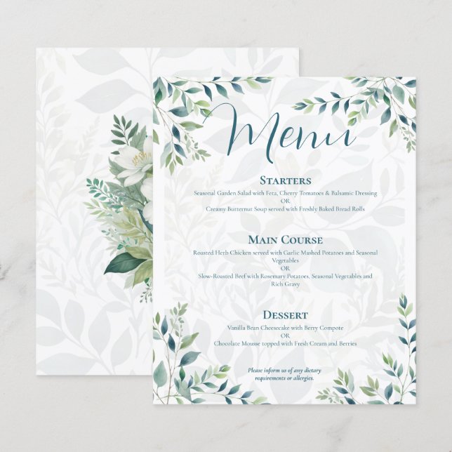  Sage Green Ivory Eucalyptus Budget Wedding Menu (Front/Back)