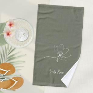 Sage Green Ivory Floral Line Art Minimalist Zen Hand Towel