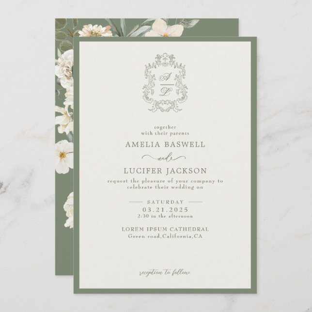 Sage Green & Ivory Floral Monogram Crest Wedding Invitation (Front/Back)