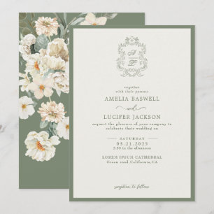 Sage Green & Ivory Floral Monogram Crest Wedding Invitation