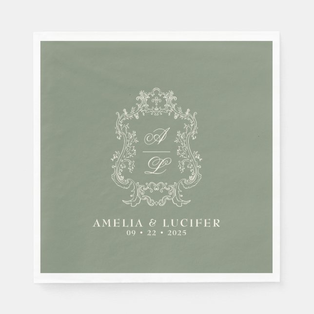 Sage Green & Ivory Floral Monogram Crest Wedding Napkin (Front)