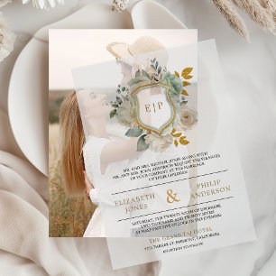 Sage Green Ivory Floral Monogram Crest Wedding Vellum Invitations