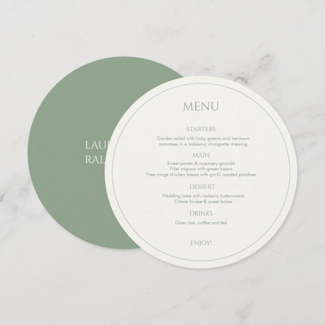 Sage Green & Ivory Monogrammed Round Wedding Menu (Front/Back)
