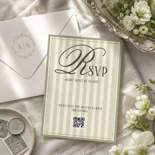 Sage Green Ivory Striped Luxury Wedding RSVP Card