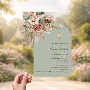 Sage green ivory taupe roses arch Confirmation Acrylic Invitations