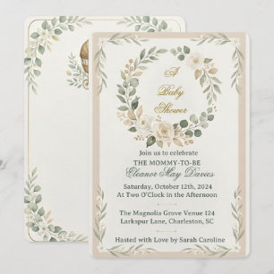 Sage Green & Ivory White Floral Baby Shower Invitation