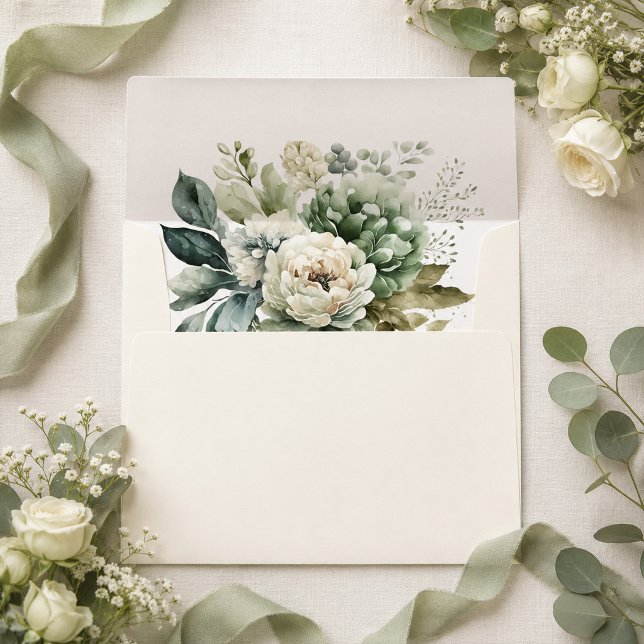 Sage Green & Ivory Wildflower Lined Return Address Envelope (Boho Sage Green and Ivory Wildflowers Wedding Envelope on a table with white flowers and ribbons)