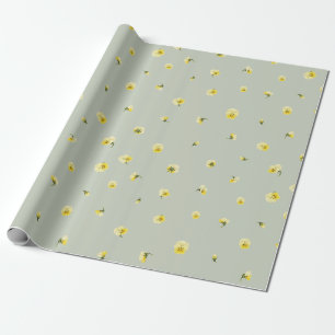 Sage Green Japanese Yellow Viola Floral Pattern Wrapping Paper