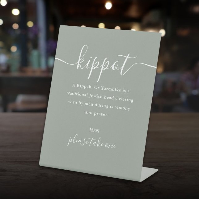 Sage Green Jewish Wedding Kippot Script Yarmulke Pedestal Sign (Sage Green Jewish Wedding Kippot Script Yarmulke Pedestal Sign)