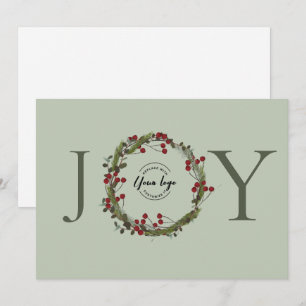 Sage Green JOY Christmas Wreath Logo Personalized Holiday Card