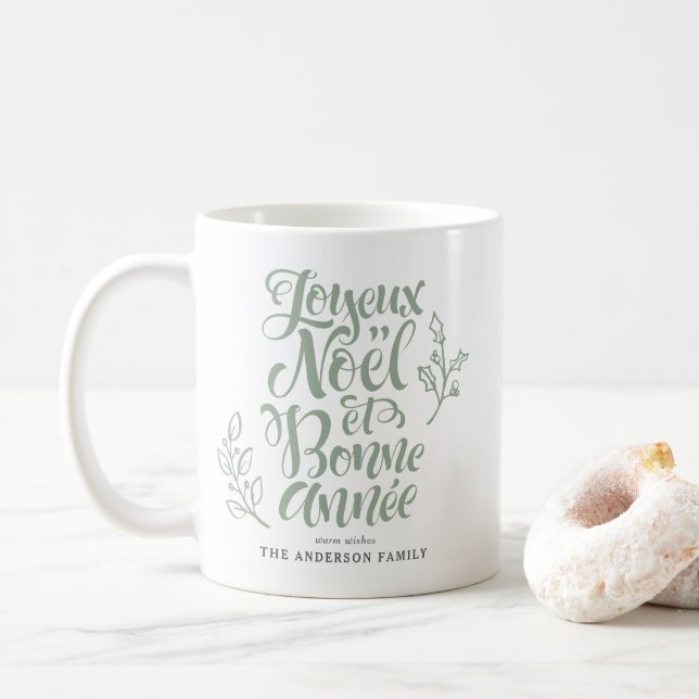 Sage Green Joyeux Noël and Bonne Année Calligraphy Coffee Mug (With Donut)