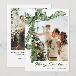 Sage Green Lace Christmas Bow Ribbon 2 Photo Holiday Card