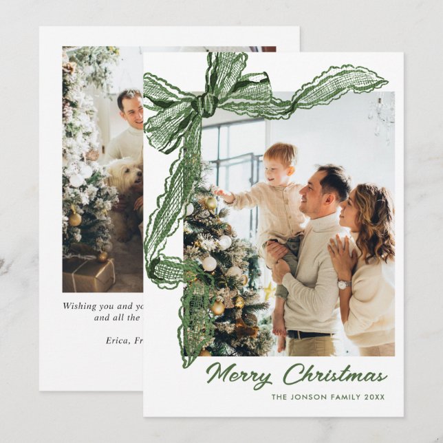 Sage Green Lace Christmas Bow Ribbon 2 Photo Holiday Card (Front/Back)
