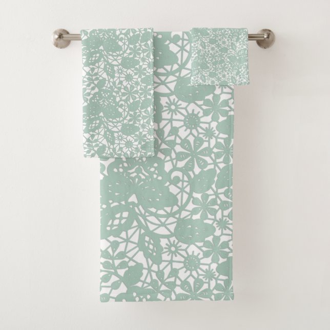 Sage Green Lace Design BATHROOM TOWEL SET (Insitu)