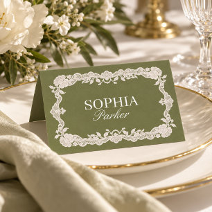 Sage Green Lace Wedding Place Card with Guest Name