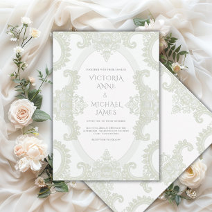 Sage Green Lace Whimsical Vintage Wedding Invitation