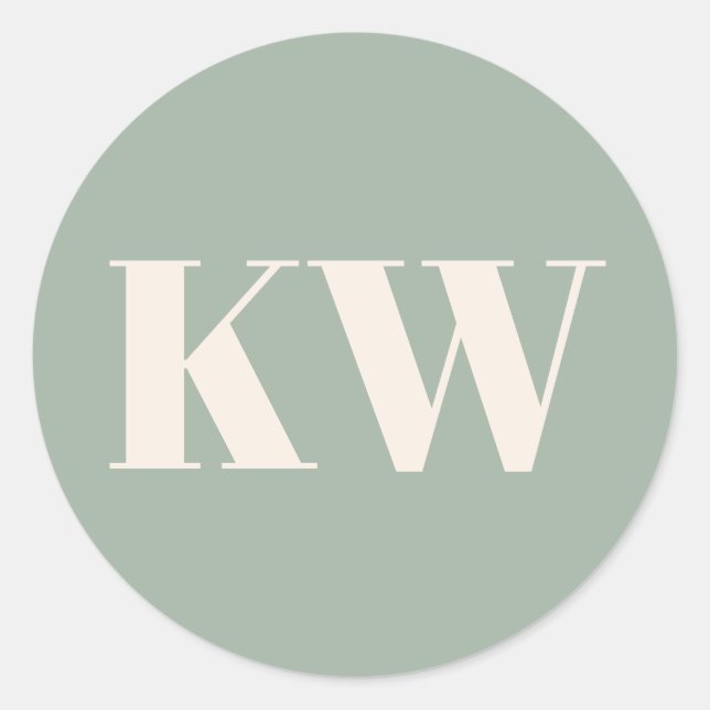 Sage Green Large Monogrammed Initial Personalized Classic Round Sticker (Front)