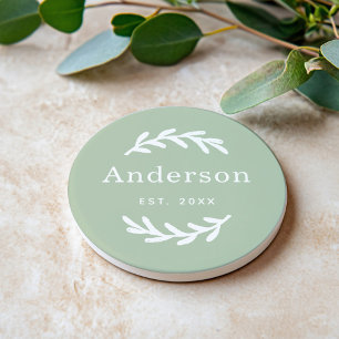 Sage Green Laurel Branch Wreath Last Name Monogram Coaster