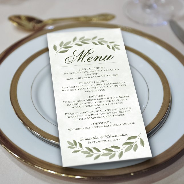 Sage Green Laurel Leaves Rustic Elegance Wedding Menu (Creator Uploaded)