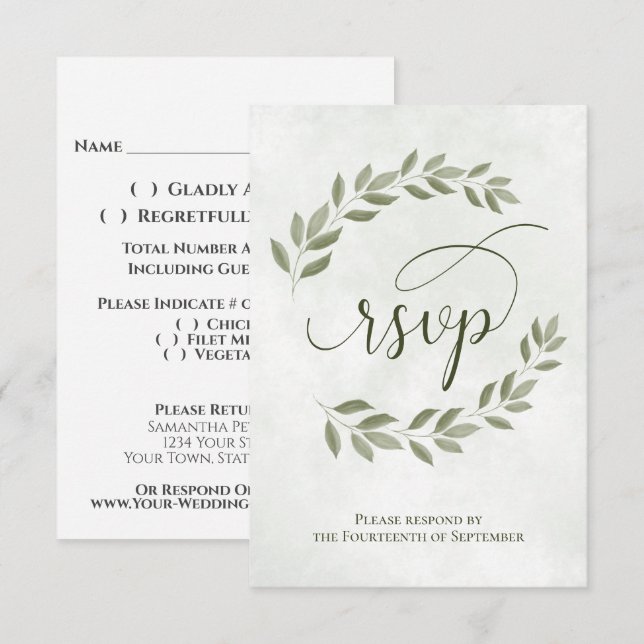 Sage Green Laurel Leaves Rustic Wedding RSVP Card (Front/Back)