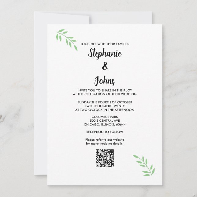 Sage Green Leaf Black Script QR Code Wedding Invitation (Front)