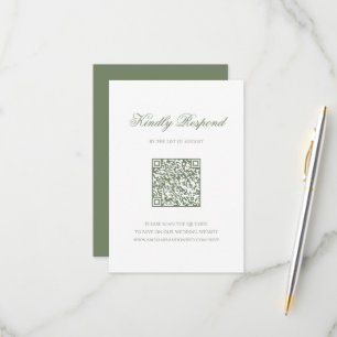Sage Green Leaf Monogram Crest QR Code Wedding RSVP Card