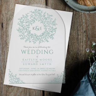 Sage green leaf monogram line art acrylic invitations