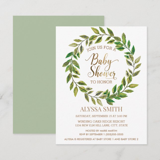 Sage Green Leaf Wreath White Gold Baby Shower Invitation (Front/Back)