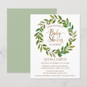 Sage Green Leaf Wreath White Gold Baby Shower Invitation