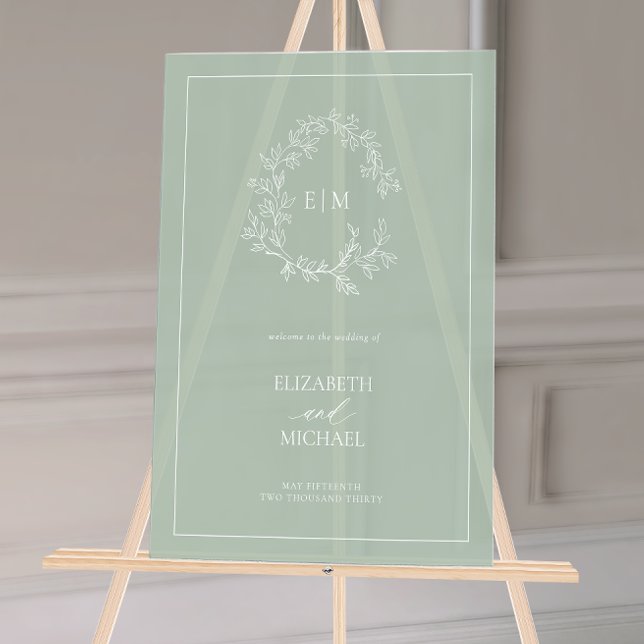 Sage Green Leafer Crest Monogramme Mariage de bien (Wedding Welcome Sign!)