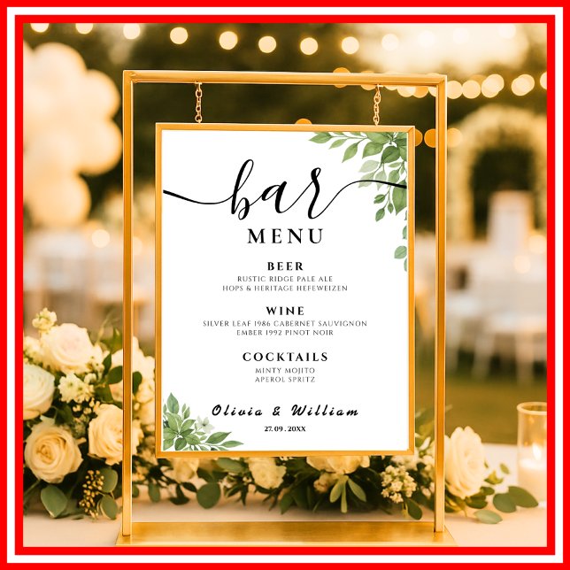  Sage Green Leafs Bar Menu Wedding Signature Drink Poster (Creator Uploaded)