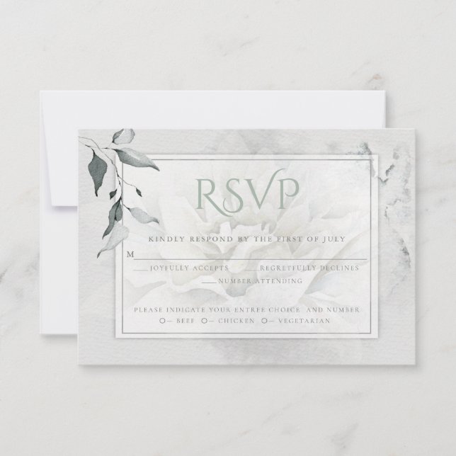 Sage Green Leafy Alabaster Dahlia Watercolor Wash RSVP Card (Front)