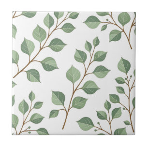 Sage Green Leafy Branches Botanical Watercolor  Tile