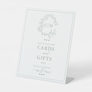 Sage Green Leafy Crest Monogram Card & Gifts Pedestal Sign