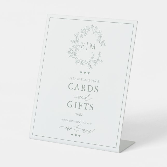 Sage Green Leafy Crest Monogram Card & Gifts Pedestal Sign (Front)