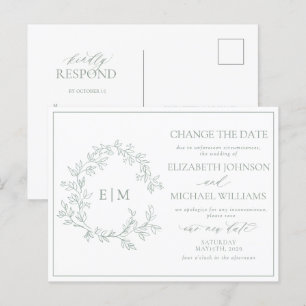 Sage Green Leafy Crest Monogram Change The Date Invitation Postcard