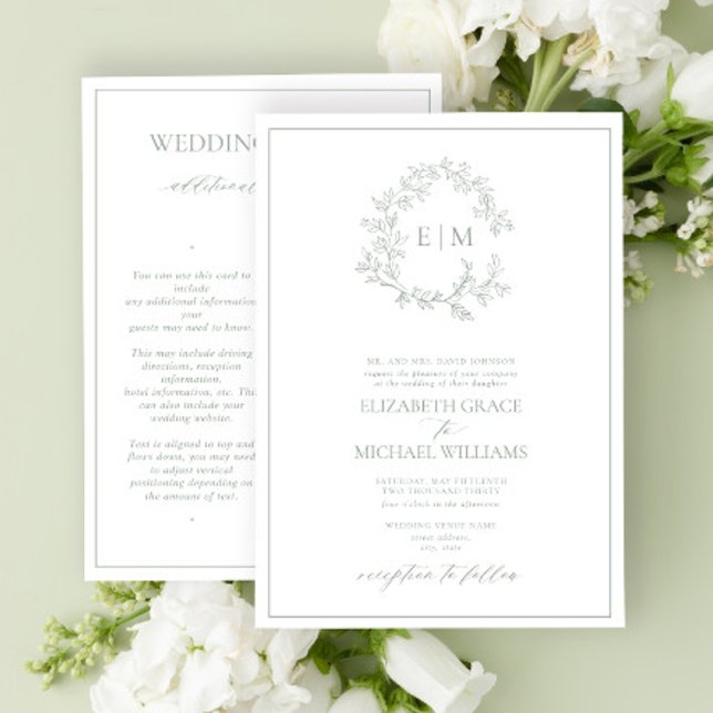 Sage Green Leafy Crest Monogram Details Wedding Invitation (Creator Uploaded)