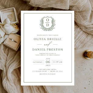 Sage Green Leafy Crest Monogram Elegant Wedding Invitation