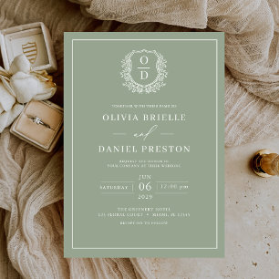 Sage Green Leafy Crest Monogram Elegant Wedding Invitation