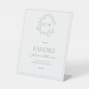 Sage Green Leafy Crest Monogram Favors Pedestal Sign