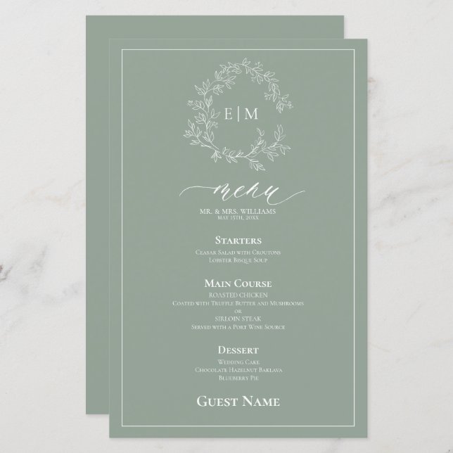 Sage Green Leafy Crest Monogram Guest Wedding Menu (Front/Back)