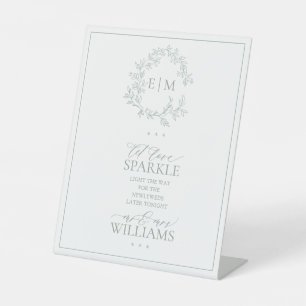 Sage Green Leafy Crest Monogram Let Love Sparkle Pedestal Sign