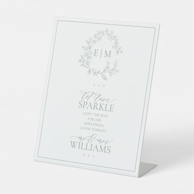 Sage Green Leafy Crest Monogram Let Love Sparkle Pedestal Sign (Front)