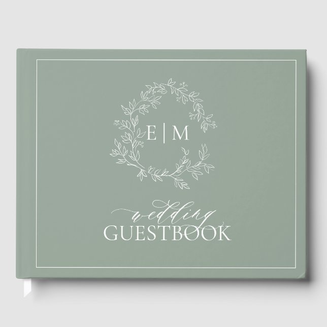 Sage Green Leafy Crest Monogram Mariage Livre d'in (Recto)