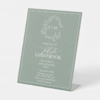 Sage Green Leafy Crest Monogram Photo Guestbook