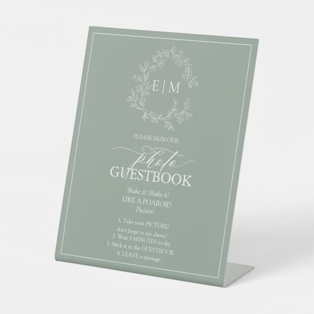 Sage Green Leafy Crest Monogram Photo Guestbook Pedestal Sign (Front)