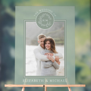 Sage Green Leafy Crest Monogram Photo Wedding Acrylic Sign