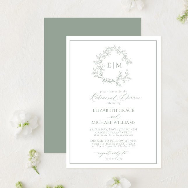 Sage Green Leafy Crest Monogram Rehearsal Dinner Invitation (Creator Uploaded)