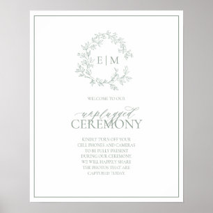 Sage Green Leafy Crest Monogram Unplugged Wedding Poster